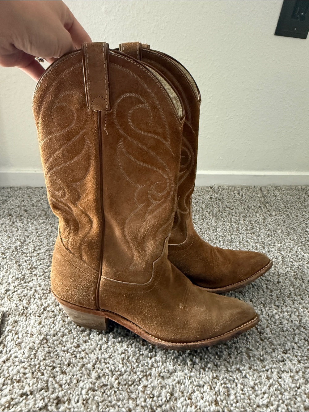 Tan Suede Western Cowboy Boots genuine leather - Picture 3 of 6